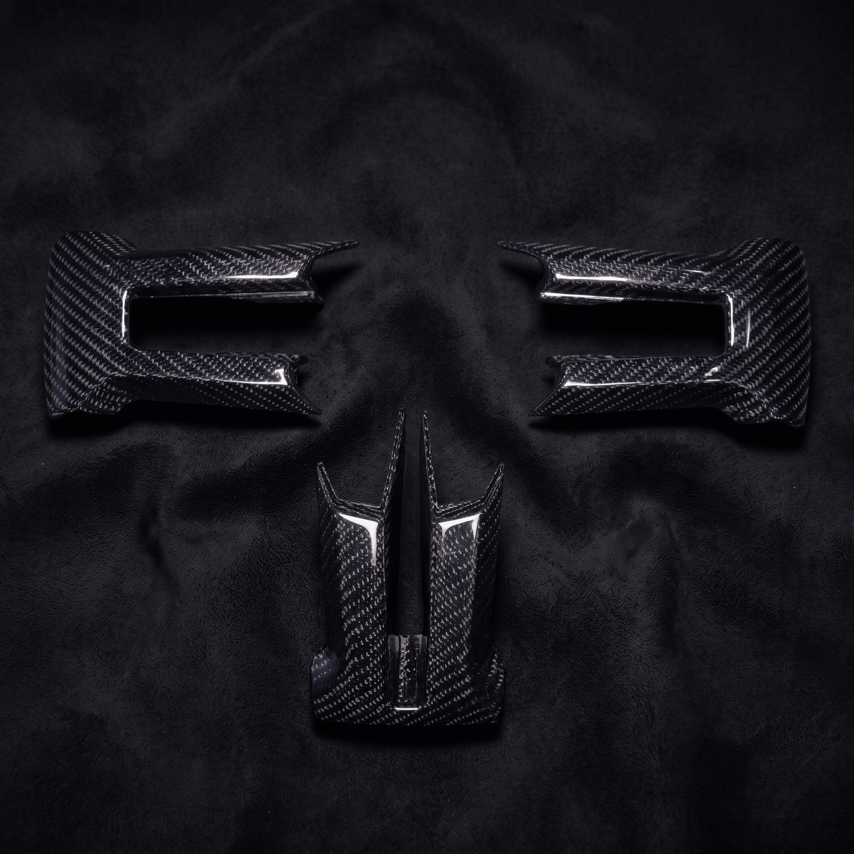 Carbon fiber steering wheel button surround trims for 2010-2014 Ford Mustang, left, right and lower center set