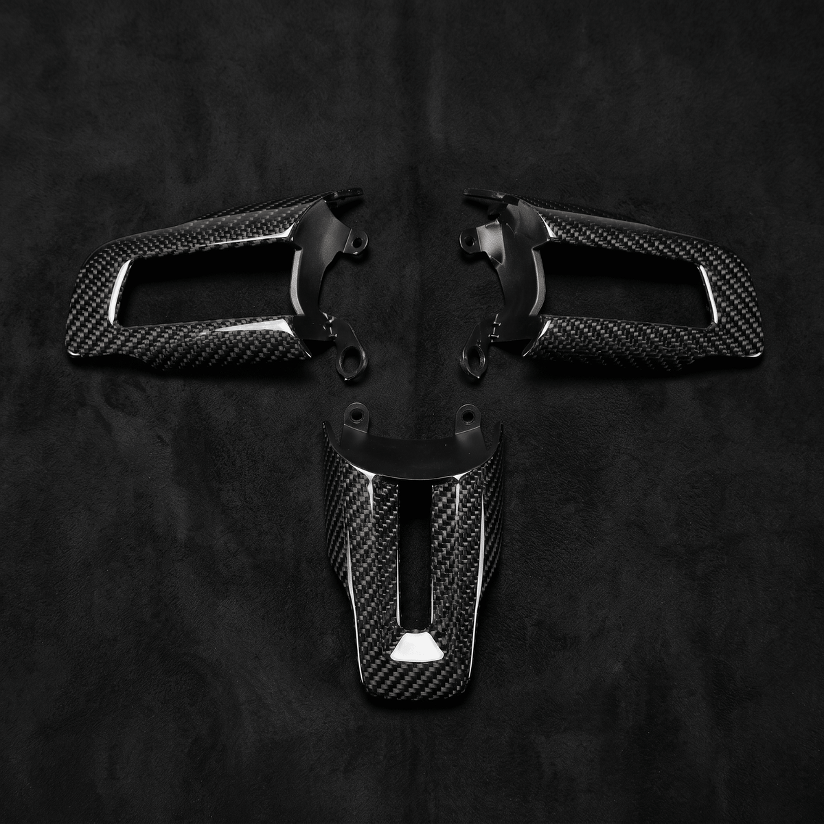 Carbon fiber steering wheel button surround trims for 2018-2023 Ford Mustang, left, right and lower center set