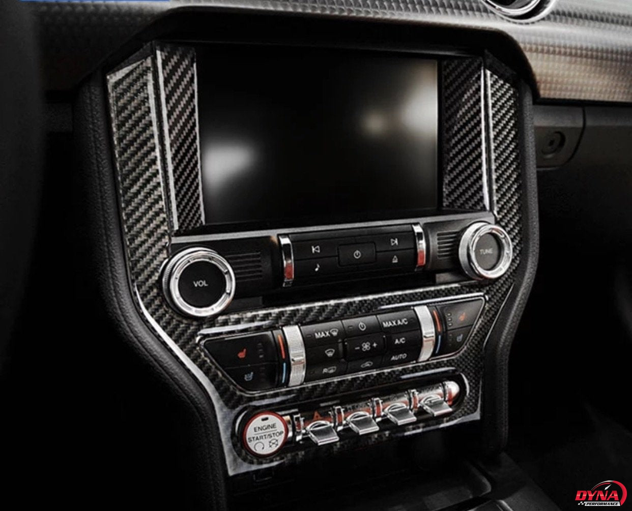 DynaCarbon™️ Carbon Fiber LHD Full Multimedia Console Frame Trim Overlay for Ford Mustang 2015-2023